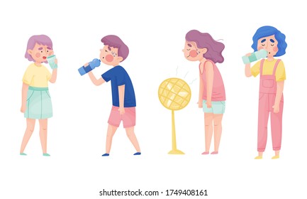 People Characters with Beads of Sweat on Their Forehead Drinking Cool Water and Using Fan Vector Illustrations Set