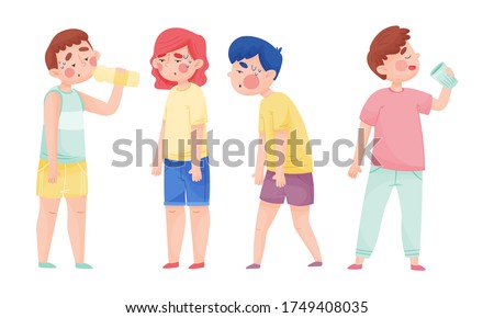 People Characters with Beads of Sweat on Their Forehead Drinking Cool Water from Bottle and Glass Vector Illustrations Set