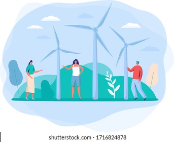 People characters with big wind turbine in city park concept and vector illustration on white background. Eco clean modern electric power. Technological wind electricity. Simple flat style.