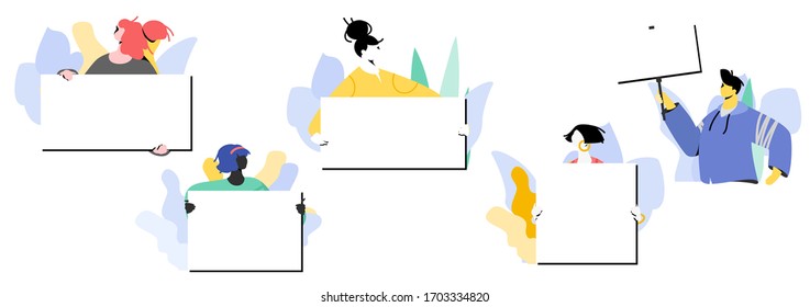 People characters with blank placards in hands. Vector template with copy space for text. Activist, protesting, promotion, and advertising usage.