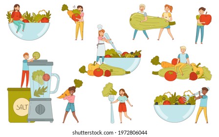 People Characters Bringing Huge Vegetables into Bowl and Blender Vector Illustration Set