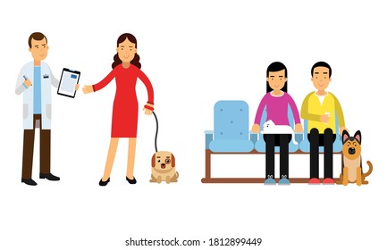 Personajes de la gente llevando a sus mascotas para un juego de ilustraciones de vectores de examen de veterinaria.