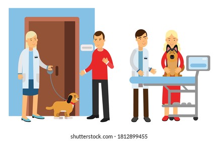 People Characters Bringing Their Pets for Vet Examination Vector Illustration Set.