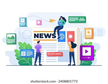 People characters browse online mass media feed on laptop screen, People read news articles, Online newspaper, News web page, Internet newsletter mobile application