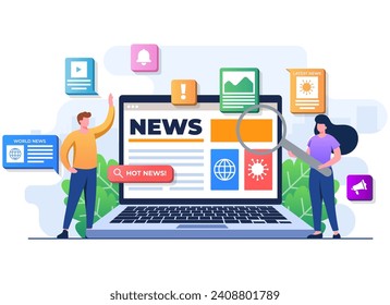 People characters browse online mass media feed on laptop screen, People read news articles, Online newspaper, News web page, Internet newsletter mobile application