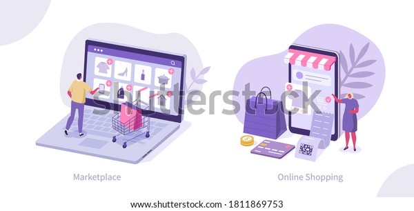 People\
Characters Buying Goods Online on Internet Marketplaces. Female and\
Male Buying Online in Mobile App. Mobile Shopping and Retail\
Concept. Flat Isometric Vector\
Illustration.