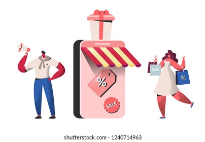 People characters buying in online store and smartphone screen. Website shopping, mobile marketing concept, e-commerce. Man and woman making purchase. Vector illustration