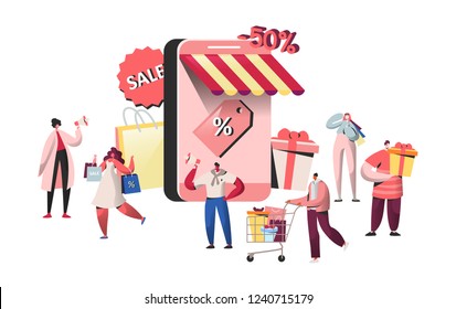 People characters buying in online store and smartphone screen. Website shopping, mobile marketing concept, e-commerce. Man and woman making purchase. Vector illustration