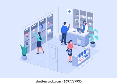 People Characters Buying in Pharmacy Store. Man Standing near Cashier Desk, Holding Medical Prescription, Talking with Doctor Pharmacist. Woman Choosing Products.  Flat Cartoon Vector Illustration. 