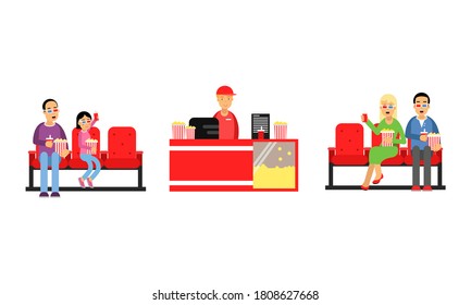 People Characters Buying Popcorn and Watching Movie in Cinema Vector Illustration Set