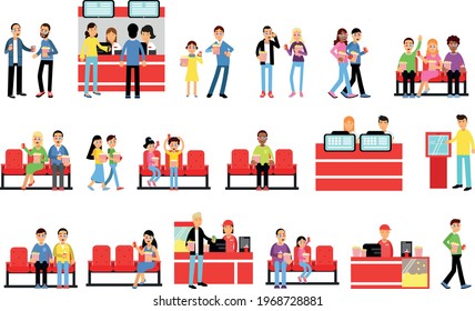 People Characters Buying Popcorn and Watching Movie in Cinema Vector Illustration Set