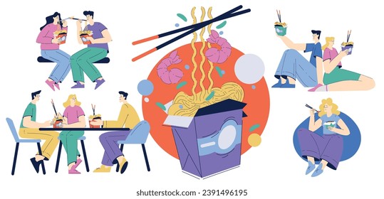 People Characters at Cafe Eating Chinese Noodle from Cardboard Box with Chopsticks Vector Illustration