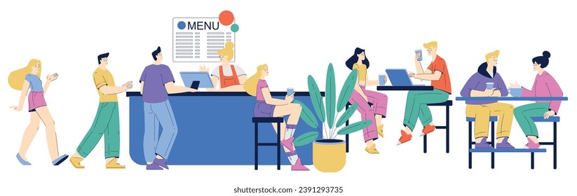 Menschen im Cafe bestellen Essen am Counter und sitzen in der Table Vector Illustration