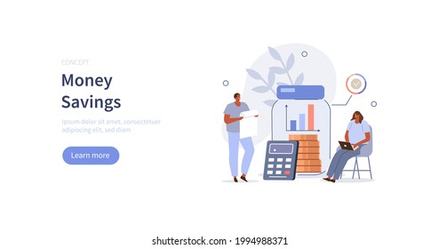 People characters calculating and collecting coins in savings jar. Financial management, money  savings and deposit growth concept. Flat cartoon vector illustration.