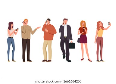 People characters call using phone isolated set. Vector flat graphic design illustration
