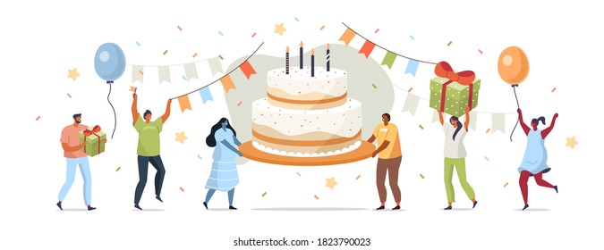 People Characters carrying Birthday Cake and Celebrating. Women and Men holding Gift and Balloons. Friends Enjoying the Party. Happy Birthday Concept. Flat Cartoon Vector Illustration.
 - Shutterstock ID 1823790023