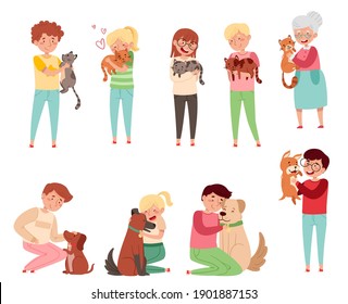 People Characters with Cat and Dog Companion Vector Illustration Set