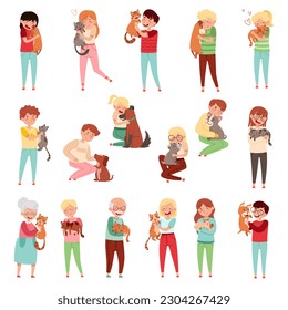 People Characters with Cat and Dog Companion Big Vector Illustration Set