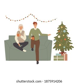 People characters celebrate is sitting on the couch for the New Year. Dad, mom, daughter are waiting for the new year. People are celebrating Christmas. Vector illustration
