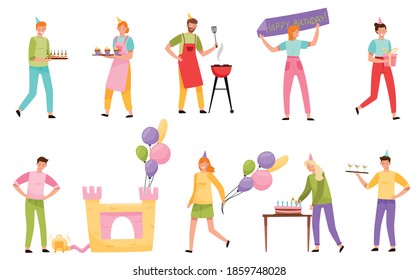 People Characters Celebrating Birthday Carrying Balloons and Gift Box Vector Illustration Set