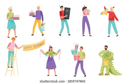 People Characters Celebrating Birthday Hanging Congratulation Placard and Carrying Gift Box Vector Illustration Set