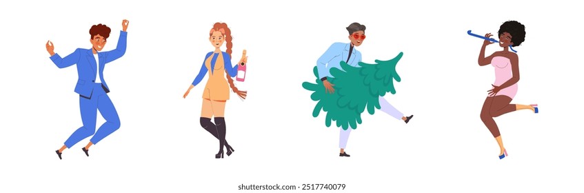 People Characters Celebrating New Year Holiday with Champagne Vector Illustration Set