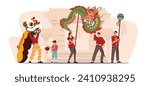 People characters for Chinese new year parade, isolated on beige background. Asian Men and Women performing traditional dragon and lion dance. Flat Characters Cartoon Vector Illustration.
