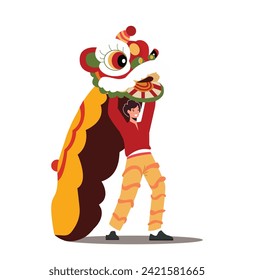 People characters for Chinese new year parade, isolated on beige background. Asian Men and Women performing traditional dragon and lion dance. Flat Characters Cartoon Vector Illustration.