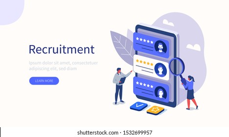 People Characters Choosing Best Candidate for Job. Hr Managers Searching New Employee. Recruitment Process. Human Resource Management and Hiring Concept. Flat Isometric Vector Illustration.