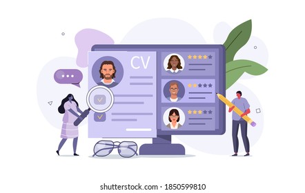 People Characters Choosing Best Candidate For Job. Hr Managers Searching New Employee. Recruitment Process. Human Resource Management And Hiring Concept. Flat Cartoon Vector Illustration.
