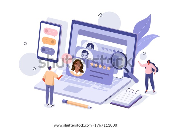 People Characters Choosing Best Candidate\
for Job. Hr Managers Searching New Employee. Recruitment Process.\
Human Resource Management and Hiring Concept. Flat Isometric Vector\
Illustration.