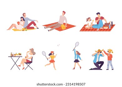 People Characters in City Park Enjoying Summer Weekend Vector Set