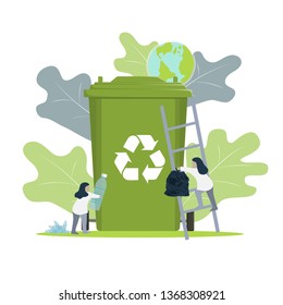 People Characters are collecting garbage&put it in Green Recycle bin.Recycle&Protect the Environment concept