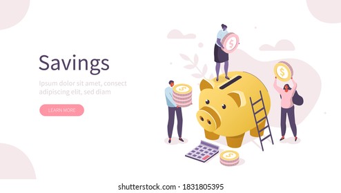 People Characters Collecting Gold Coins in Piggy Bank. Women and Man Manage Budget and making Savings. Saving Money and Economy Concept. Flat Isometric Vector Illustration.