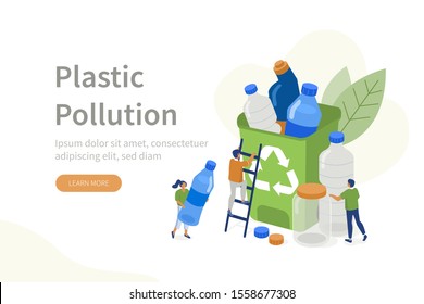 
People Characters collecting Plastic Trash into Recycling Garbage Bin. Woman and Man taking out the Garbage. Plastic Pollution Problem Concept. Flat Isometric Vector Illustration.