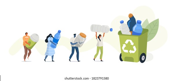 People Characters collecting Plastic Trash into Recycling Garbage Bin. Women and Men taking out the Garbage. Plastic Pollution Problem Concept. Flat Cartoon Vector Illustration.
