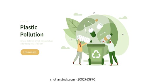 People characters collecting plastic trash into recycling garbage bin. Woman and man taking out the garbage. Plastic pollution problem concept. Flat cartoon vector illustration.