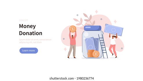 People characters collecting and putting coins and banknotes in donation jar. Financial support, savings and money donation concept. Flat cartoon vector illustration.