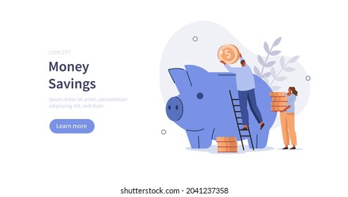 Personajes de la gente recogiendo y poniendo monedas en cajas de ahorros. Gestión financiera, ahorro de dinero y concepto de crecimiento de depósitos. Ilustración vectorial plana aislada.
