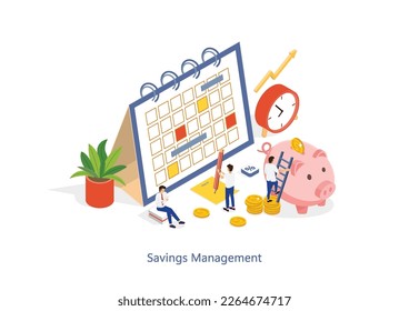 People characters collecting and putting coins in piggy. Financial management, money savings and deposit growth concept. Isometric illustrator vector
