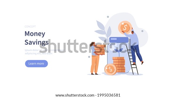 People characters collecting and\
putting coins in savings jar. Financial management, money  savings\
and deposit growth concept. Flat cartoon vector\
illustration.