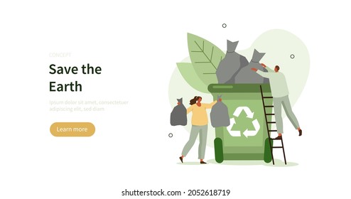 People Characters Collecting Trash Into Recycling Garbage Bin. Woman And Man Taking Out The Garbage. Waste Pollution Problem Concept. Flat Cartoon Vector Illustration.