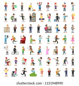 People Characters Collection. Cartoon Set Different Professions in Various Poses. Sportsman, Businessman, Doctor, Fireman Man and Woman. Vector illustration