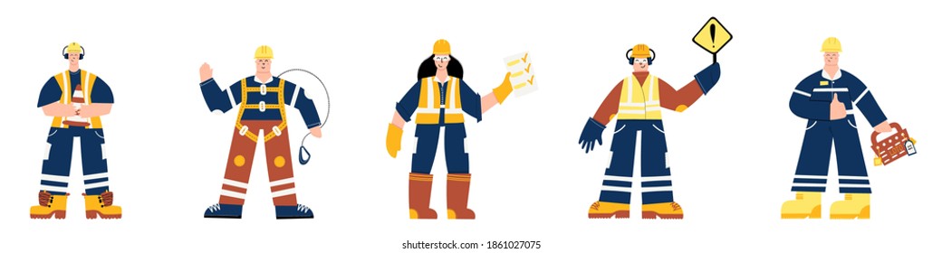 People characters collection set with construction and industrial workers. Heath and safety at work. People in safety uniform and personal protective equipment. PPE. LOTO. Working at height