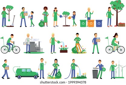 Caracteres de personas que contribuyen a la preservación del medio ambiente mediante el reciclaje y la ordenación de un conjunto de ilustraciones de vectores de basura