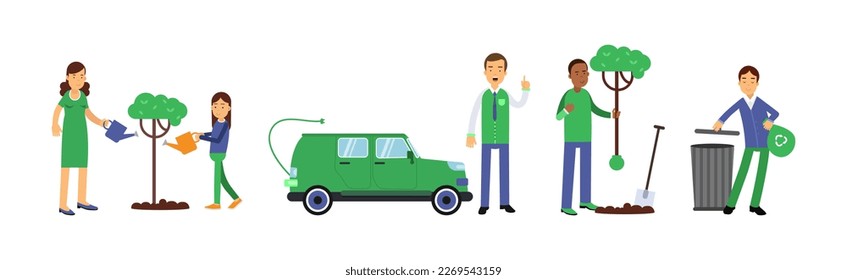 People Characters Contributing into Environment Preservation Vector Illustration Set