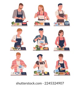 People Characters Cooking at Home Wearing Apron Standing at Table Vector Set