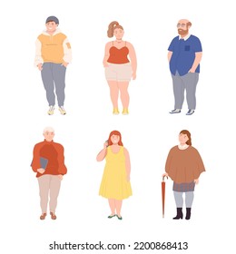 People Characters with Corpulent Body in Standing Pose Vector Illustration Set