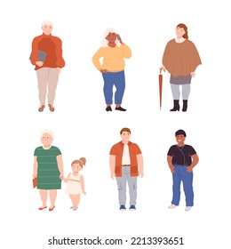 People Characters with Corpulent Body in Standing Pose Vector Illustration Set