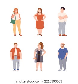 People Characters with Corpulent Body in Standing Pose Vector Illustration Set